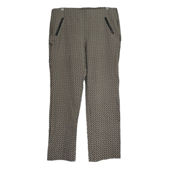 Chico’s 2 (12/12.5) Slim Ankle Pants Geometric Print Faux Leather Trim Brown - Picture 1 of 9